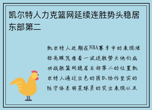 凯尔特人力克篮网延续连胜势头稳居东部第二