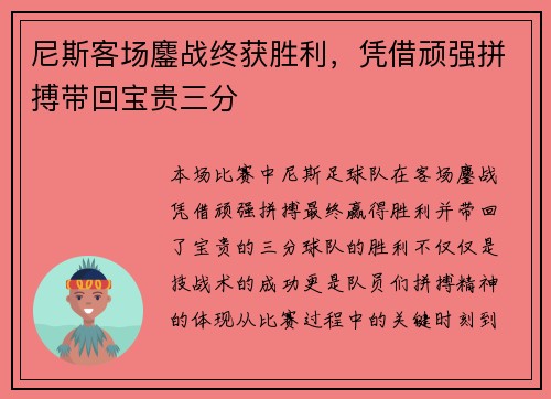 尼斯客场鏖战终获胜利，凭借顽强拼搏带回宝贵三分