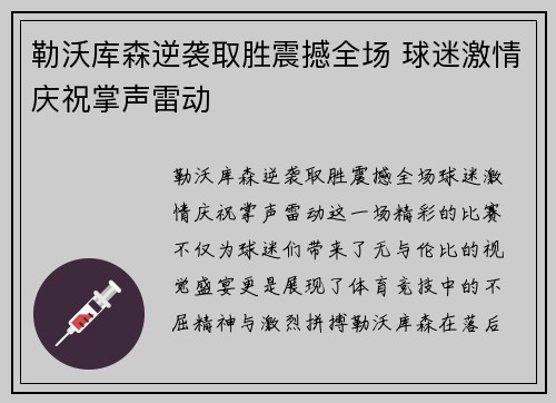 勒沃库森逆袭取胜震撼全场 球迷激情庆祝掌声雷动