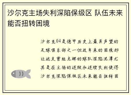 沙尔克主场失利深陷保级区 队伍未来能否扭转困境