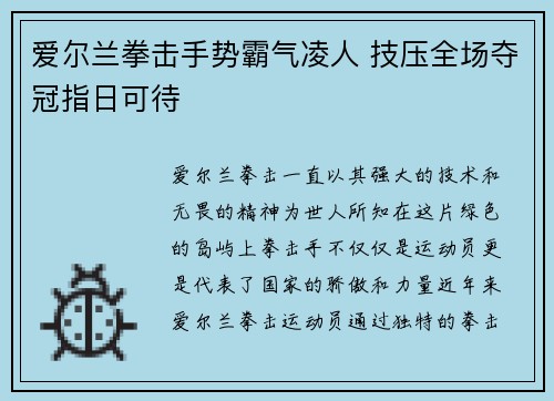 爱尔兰拳击手势霸气凌人 技压全场夺冠指日可待
