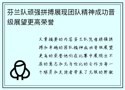 芬兰队顽强拼搏展现团队精神成功晋级展望更高荣誉