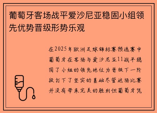 葡萄牙客场战平爱沙尼亚稳固小组领先优势晋级形势乐观