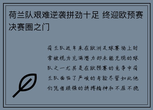 荷兰队艰难逆袭拼劲十足 终迎欧预赛决赛圈之门