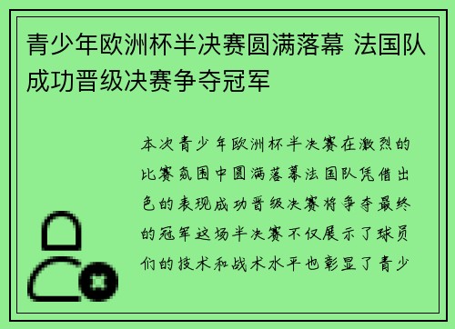 青少年欧洲杯半决赛圆满落幕 法国队成功晋级决赛争夺冠军