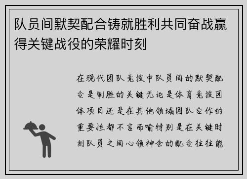 队员间默契配合铸就胜利共同奋战赢得关键战役的荣耀时刻